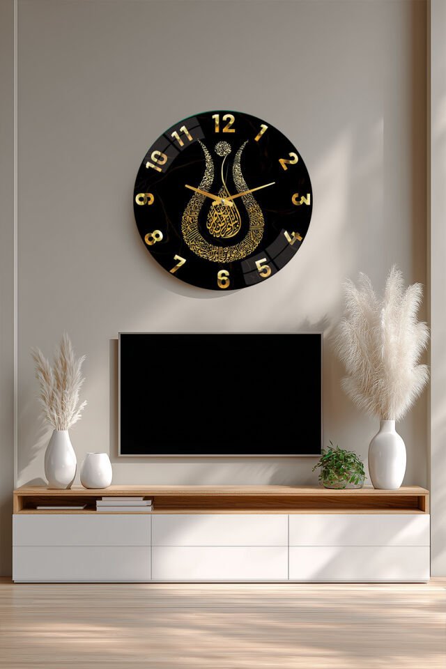 KIRILMAZ CAM DUVAR SAATİ, HEM TABLO HEM SAAT İSLAMİ HAT SANATI SİYAH ALTIN EV OFİS HEDİYESİ