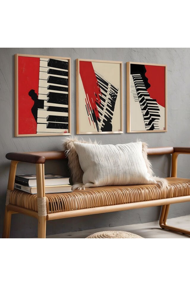 DOĞAL AHŞAP - Abstract Müzik Ve Sanat Üçlü Doğal Ahşap Çerçeveli Duvar Tablo Seti