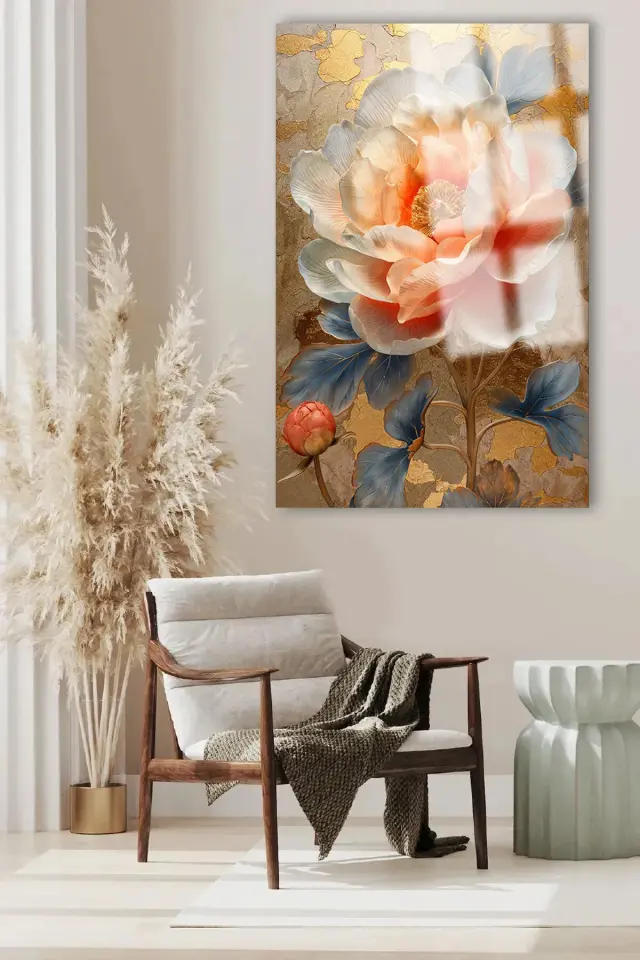 GOLD DETAY ÇİÇEK CAM TABLO ULTRA CANLI RENKLİ KIRILMAZ CAM TABLO EV HEDİYESİ OFİS HEDİYESİ