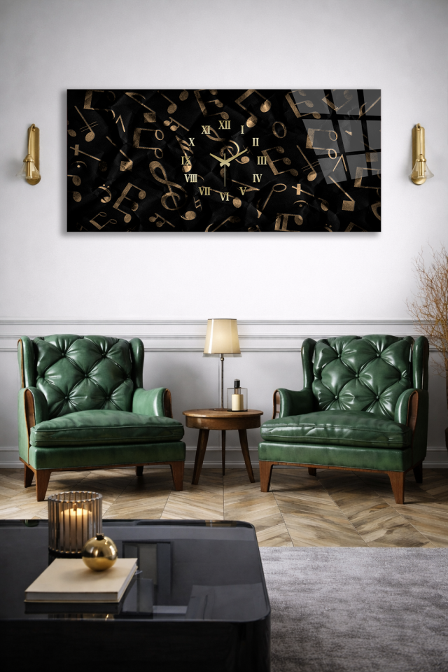 KIRILMAZ CAM DUVAR SAATİ , HEM TABLO HEM SAAT MÜZİK NOTALARI ŞIK TASARIM EV OFİS HEDİYESİ