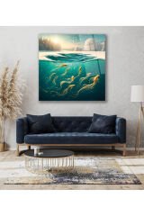 Soyut Gölde Yüzen Balıklar Kare Cam Tablo, Modern Ev Salon Ofis Dekorasyonu Büyük Duvar Dekoru