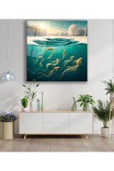 Soyut Gölde Yüzen Balıklar Kare Cam Tablo, Modern Ev Salon Ofis Dekorasyonu Büyük Duvar Dekoru