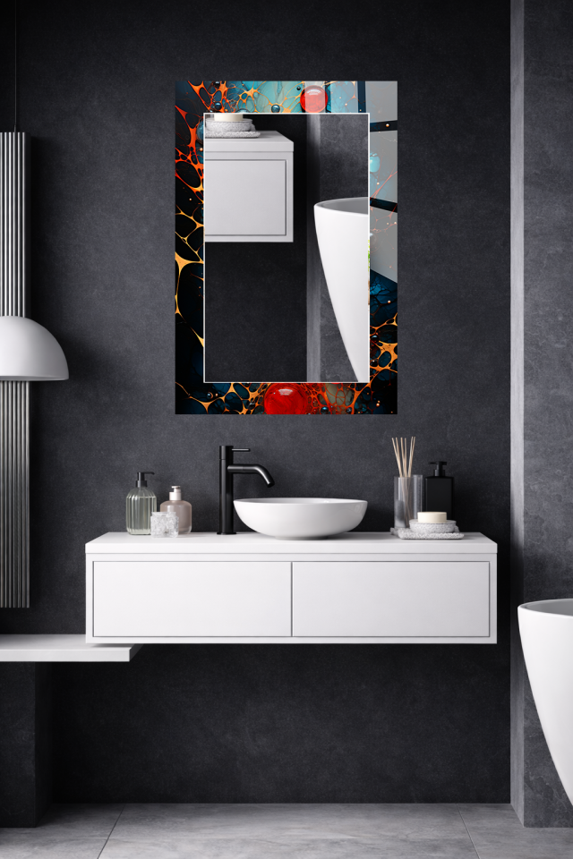 HEM TABLO HEM AYNA LACİVERT TURUNCU HÜCRESEL SOYUT DESEN CAM DUVAR AYNASI EV DEKORU