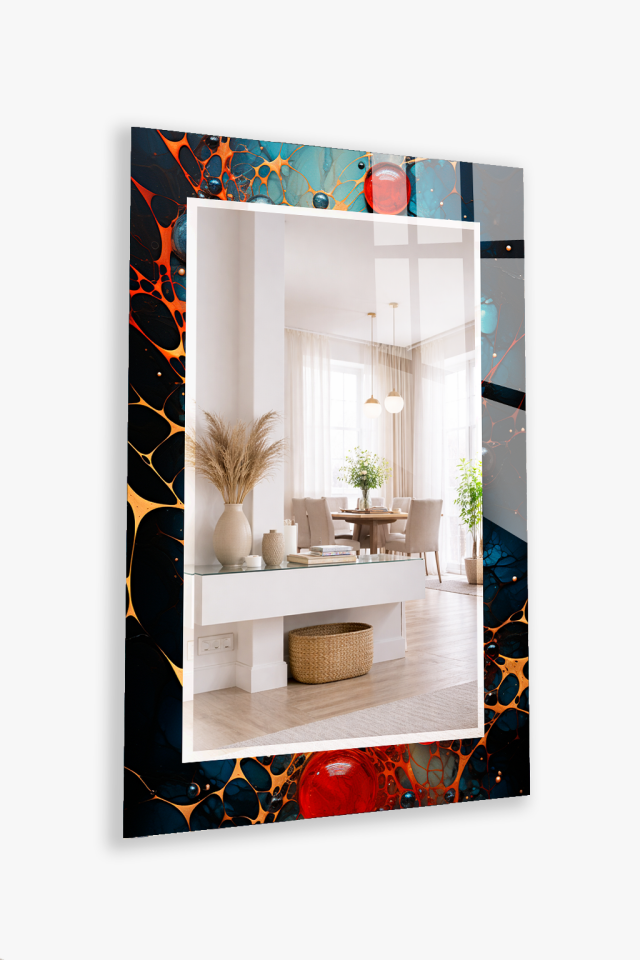 HEM TABLO HEM AYNA LACİVERT TURUNCU HÜCRESEL SOYUT DESEN CAM DUVAR AYNASI EV DEKORU