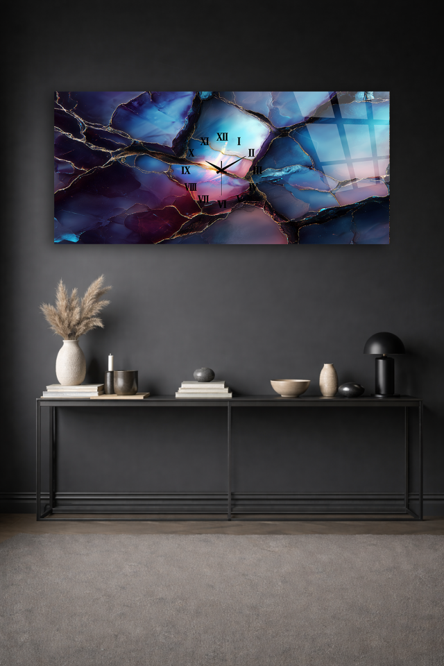 KIRILMAZ CAM DUVAR SAATİ , HEM TABLO HEM SAAT MOR MERMER ÇATLAK SOYUT SANAT EV OFİS HEDİYESİ