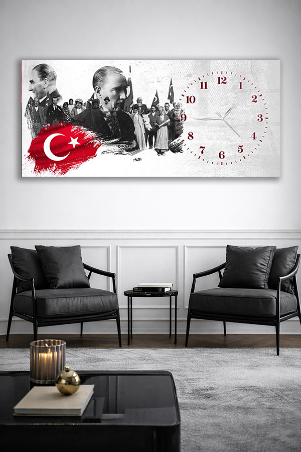KIRILMAZ CAM DUVAR SAATİ , HEM TABLO HEM SAAT ATATÜRK VE MİLLİ MÜCADELE TEMALI EV OFİS HEDİYESİ