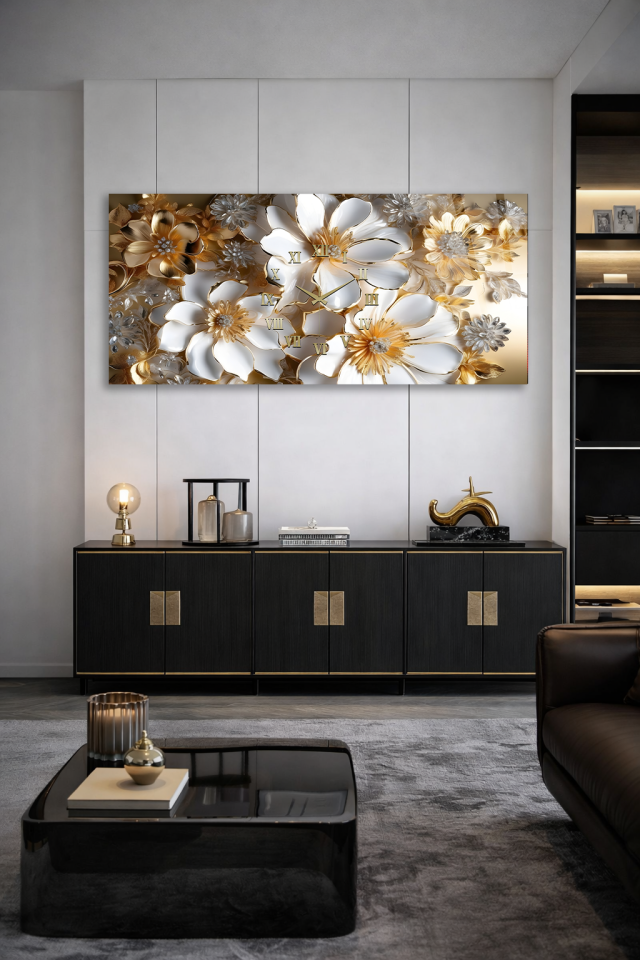 KIRILMAZ CAM DUVAR SAATİ , HEM TABLO HEM SAAT ALTIN BEYAZ ÇİÇEKLİ LÜKS TASARIM EV OFİS HEDİYESİ