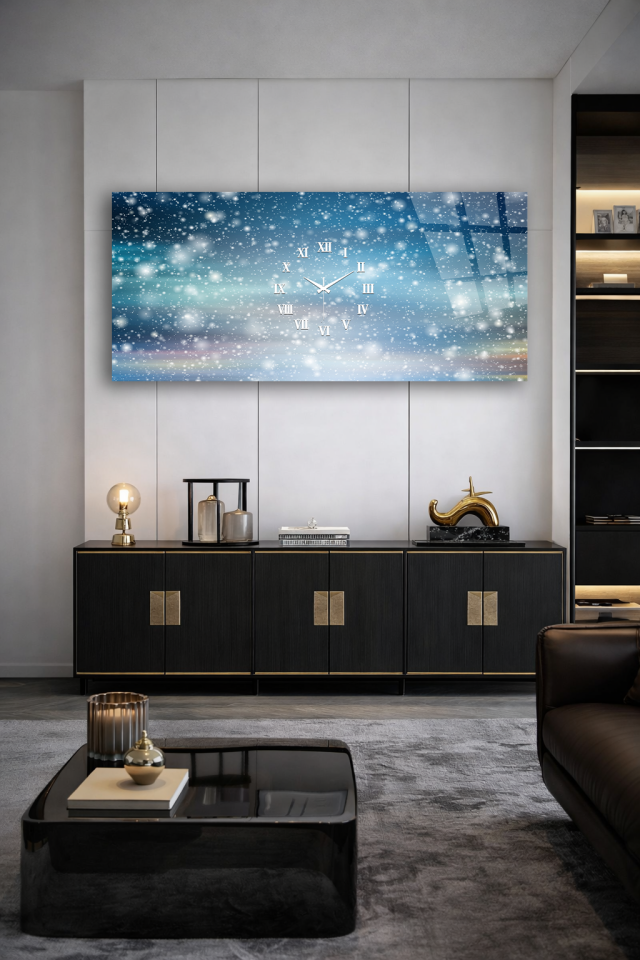 KIRILMAZ CAM DUVAR SAATİ , HEM TABLO HEM SAAT KARLI GECE GÖKYÜZÜ EV OFİS HEDİYESİ