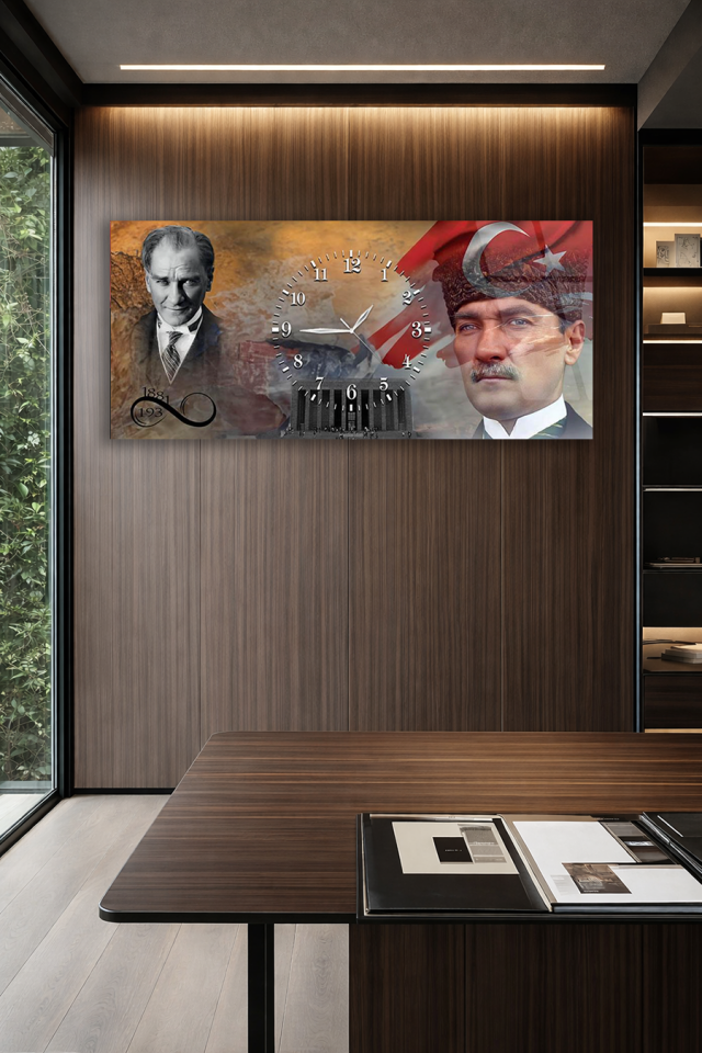KIRILMAZ CAM DUVAR SAATİ , HEM TABLO HEM SAAT ATATÜRK VE ANITKABİR TASARIMI EV OFİS HEDİYESİ