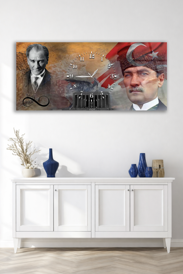 KIRILMAZ CAM DUVAR SAATİ , HEM TABLO HEM SAAT ATATÜRK VE ANITKABİR TASARIMI EV OFİS HEDİYESİ