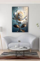 Soyut Beyaz Gül Siyah Gold Dikey Cam Tablo, Modern Ev Ofis Duvar Dekoru, Hediyelik Tablo Dekor