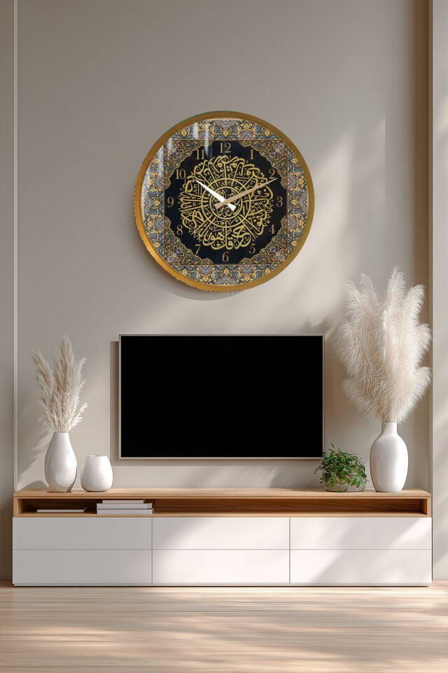 KIRILMAZ CAM DUVAR SAATİ, HEM TABLO HEM SAAT OSMANLI HAT DESENLİ KLASİK EV OFİS HEDİYESİ