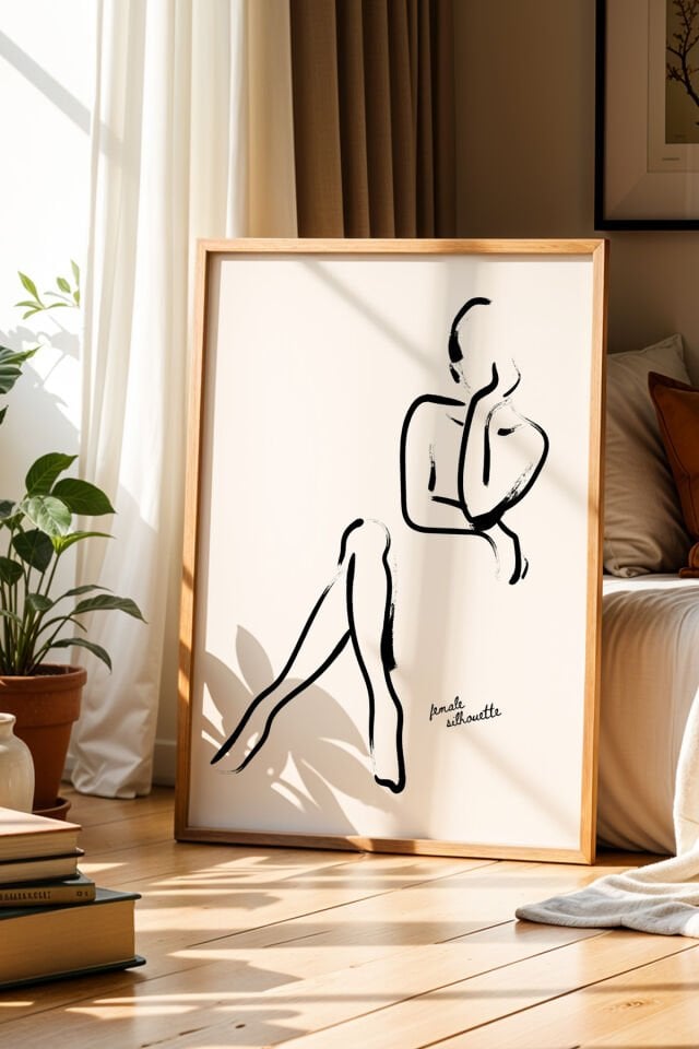 DOĞAL AHŞAP - Kadın Figür Çizimi Minimalist Siyah Beyaz Doğal Ahşap Çerçeveli Duvar Tablosu