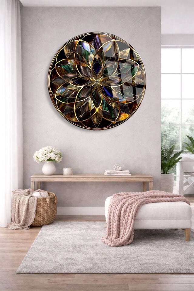 KIRILMAZ CAM TABLO – SİYAH ZEMİN ALTIN LÜKS MANDALA SANAT TASARIMI