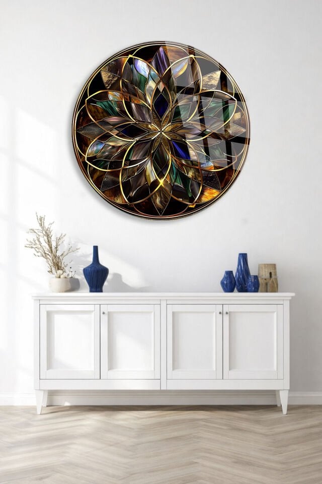 KIRILMAZ CAM TABLO – SİYAH ZEMİN ALTIN LÜKS MANDALA SANAT TASARIMI