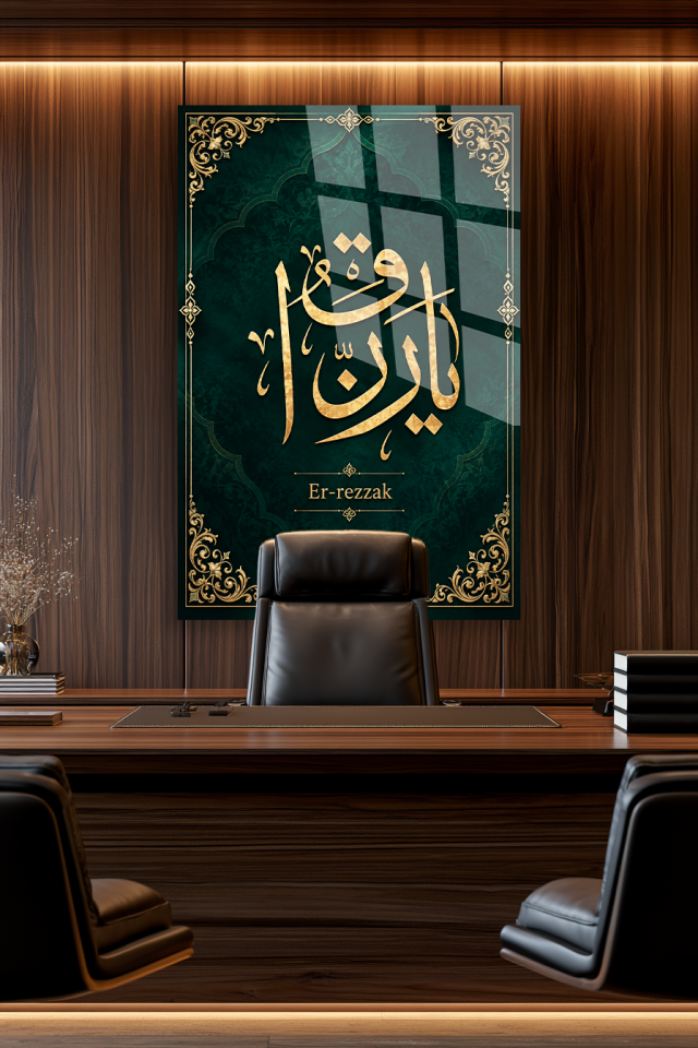 YA REZZAK ESMAÜL HÜSNA YAZILI YEŞİL DİKEY CAM TABLO EV OFİS HEDİYESİ