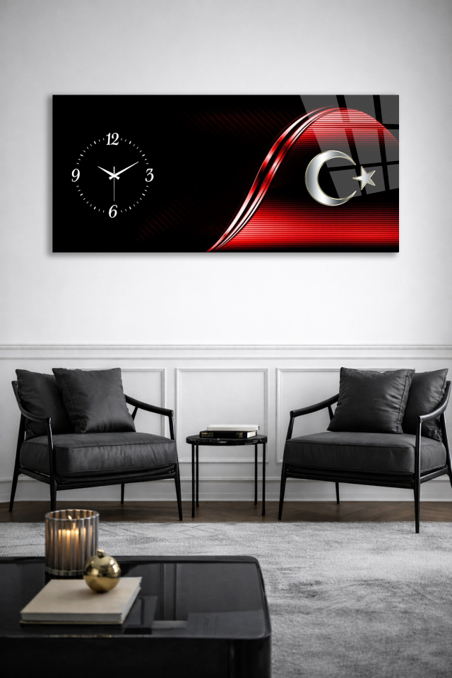 KIRILMAZ CAM DUVAR SAATİ , HEM TABLO HEM SAAT AY YILDIZ TÜRK BAYRAĞI MODERN EV OFİS HEDİYESİ