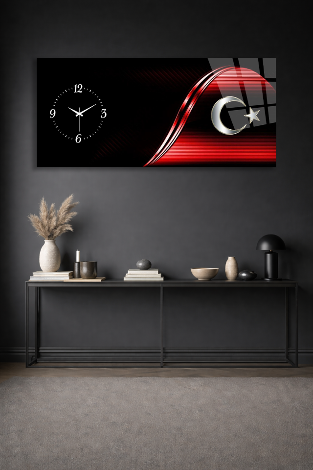 KIRILMAZ CAM DUVAR SAATİ , HEM TABLO HEM SAAT AY YILDIZ TÜRK BAYRAĞI MODERN EV OFİS HEDİYESİ