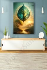 Soyut Yeşil Yaprak Dikey Cam Tablo, Modern Ev Ofis Salon Duvar Dekoru, Hediyelik Büyük Tablo Dekor