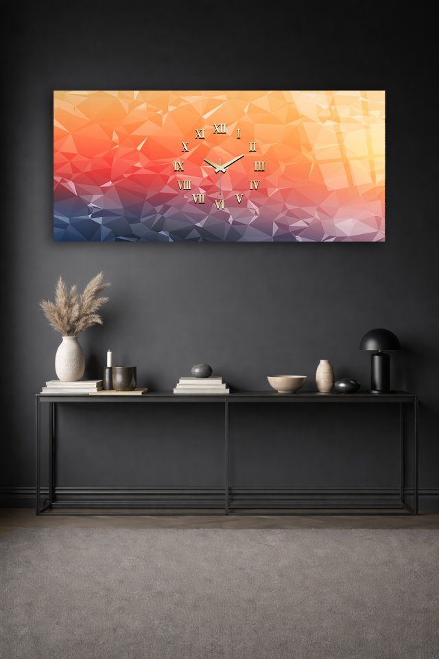 KIRILMAZ CAM DUVAR SAATİ , HEM TABLO HEM SAAT GEOMETRİK GÜN BATIMI DESEN EV OFİS HEDİYESİ