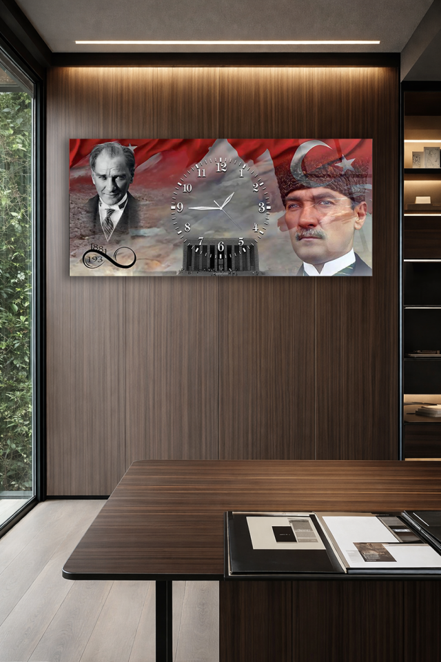 KIRILMAZ CAM DUVAR SAATİ , HEM TABLO HEM SAAT ATATÜRK VE TÜRK BAYRAĞI TASARIMI EV OFİS HEDİYESİ