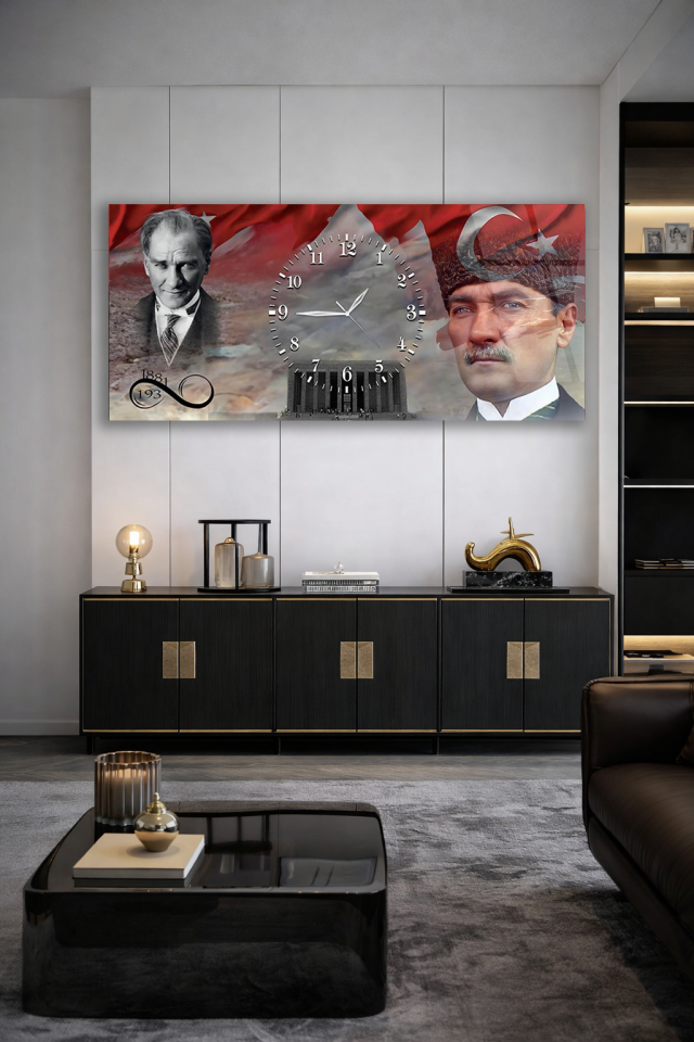 KIRILMAZ CAM DUVAR SAATİ , HEM TABLO HEM SAAT ATATÜRK VE TÜRK BAYRAĞI TASARIMI EV OFİS HEDİYESİ