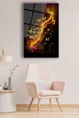 Soyut Geyik ve Kelebekler Dikey Cam Tablo, Modern Ev Ofis Salon Duvar Dekoru, Hediyelik Büyük Tablo