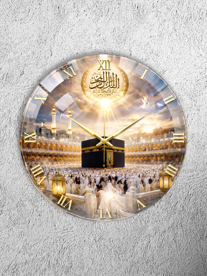 KIRILMAZ CAM DUVAR SAATİ, HEM TABLO HEM SAAT KABE MANZARALI İSLAMİ TASARIM EV OFİS HEDİYESİ
