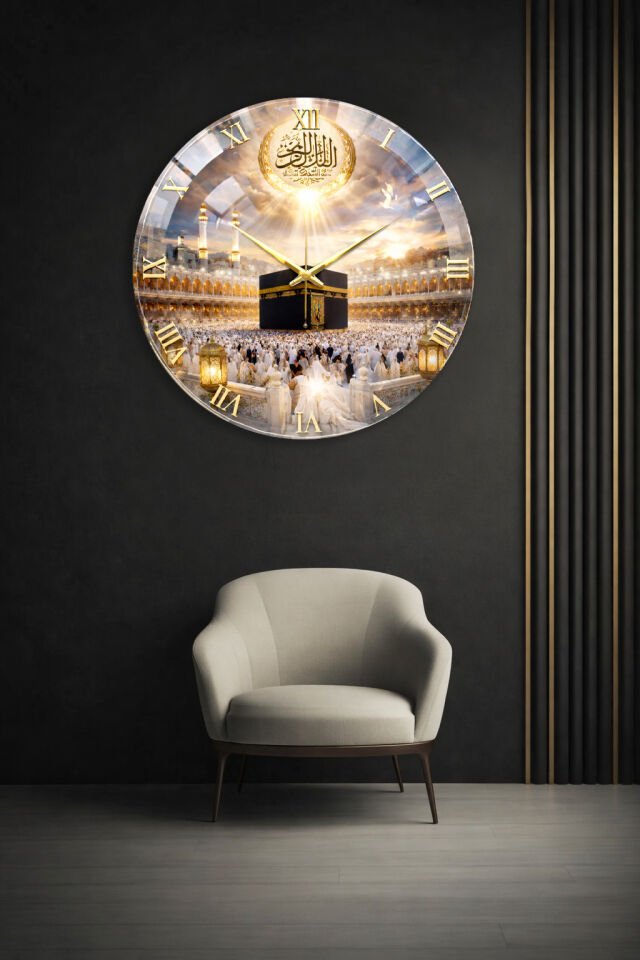KIRILMAZ CAM DUVAR SAATİ, HEM TABLO HEM SAAT KABE MANZARALI İSLAMİ TASARIM EV OFİS HEDİYESİ