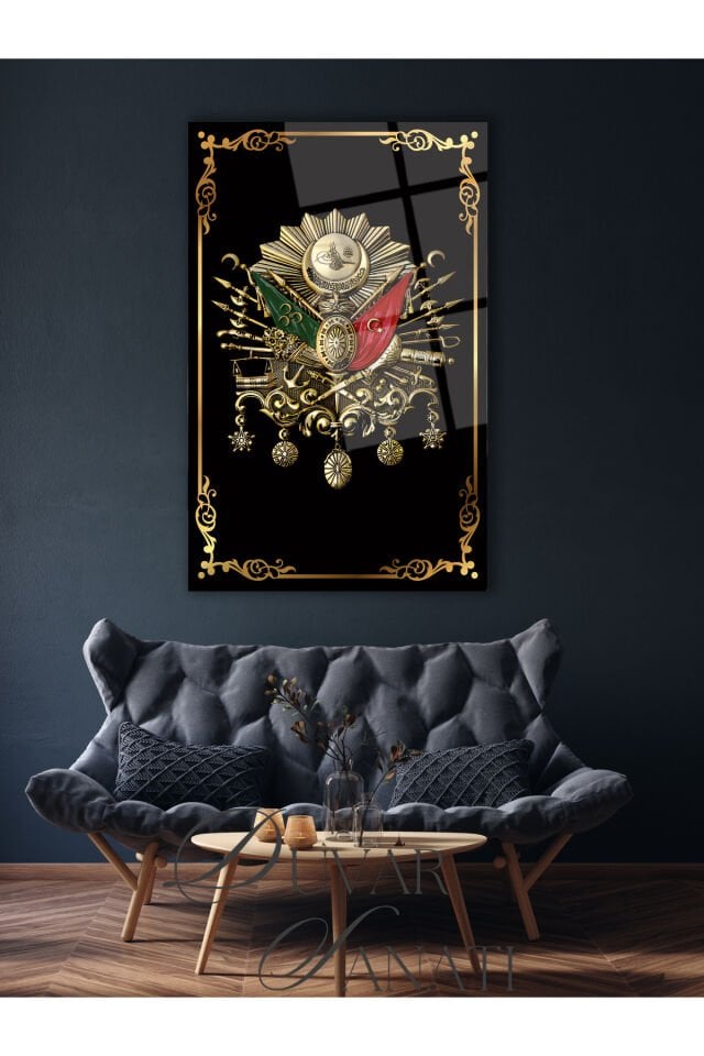 Osmanlı Devlet Arması Tuğra Dikey Cam Tablo, Modern Ev Ofis Salon Kurum Duvar Dekoru , Hediyelik Siyah Gold