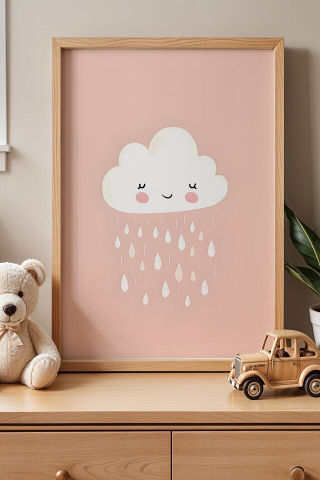 DOĞAL AHŞAP - Pembe Fonlu Gülümseyen Bulut Çocuk Odası Ahşap Çerçeveli Duvar Tablosu