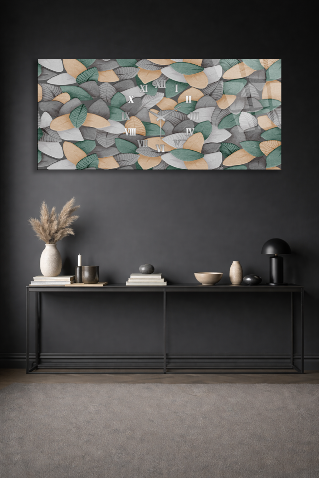 KIRILMAZ CAM DUVAR SAATİ , HEM TABLO HEM SAAT YAPRAK DESEN DOĞAL MODERN EV OFİS HEDİYESİ