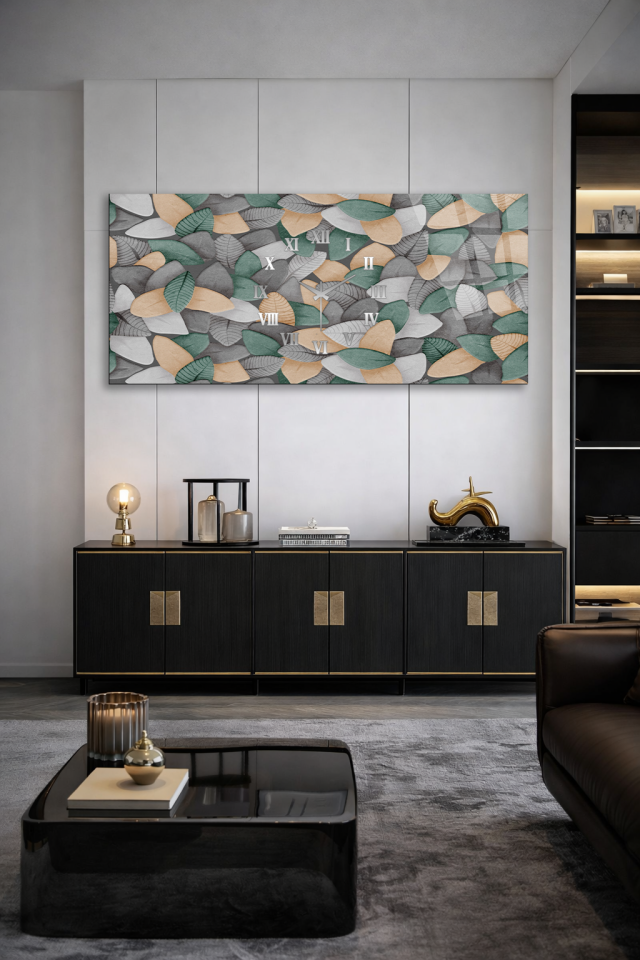 KIRILMAZ CAM DUVAR SAATİ , HEM TABLO HEM SAAT YAPRAK DESEN DOĞAL MODERN EV OFİS HEDİYESİ