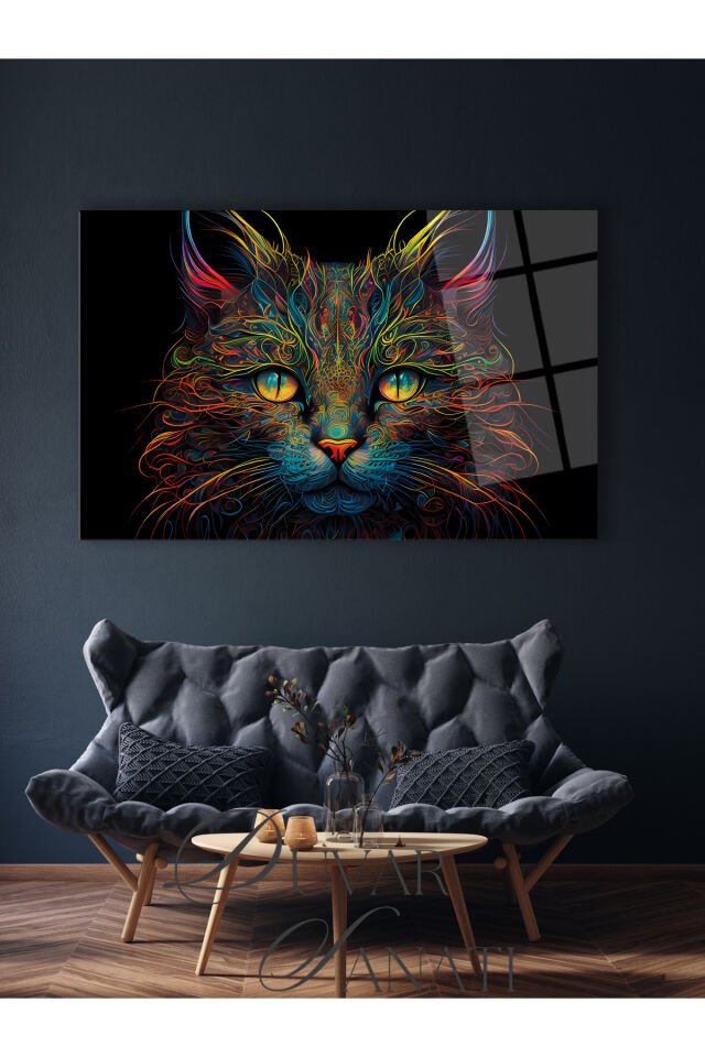 Renkli Kedi Yatay Cam Tablo, Modern Ev Ofis Salon Duvar Dekoru , Hediyelik Tablo Siyah Mavi Kırmızı