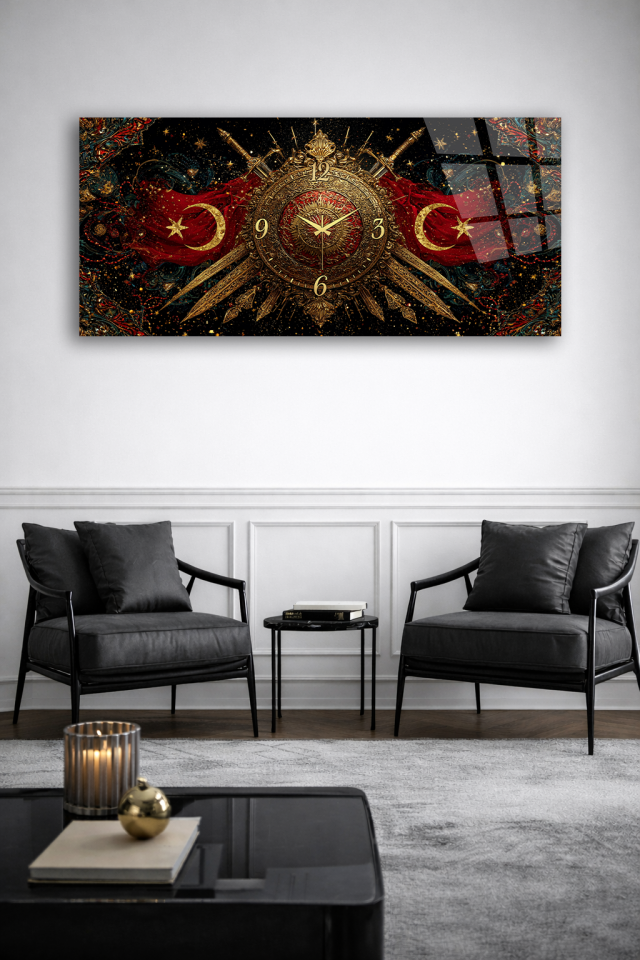 KIRILMAZ CAM DUVAR SAATİ , HEM TABLO HEM SAAT OSMANLI ARMASI AY YILDIZ EV OFİS HEDİYESİ
