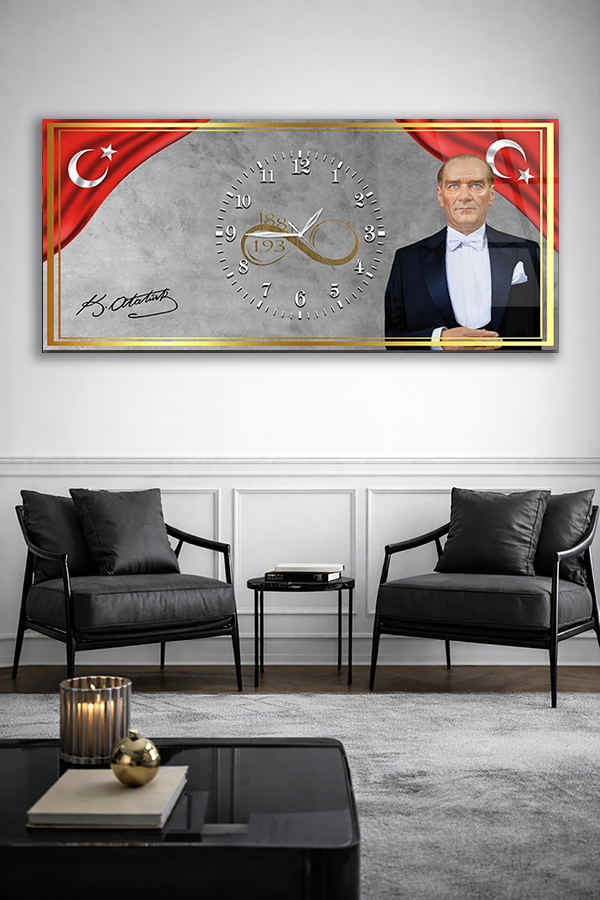 KIRILMAZ CAM DUVAR SAATİ , HEM TABLO HEM SAAT ATATÜRK İMZALI ŞIK TASARIM EV OFİS HEDİYESİ
