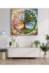 Rengarenk Hayat Ağacı Kare Cam Tablo, Modern Ev Salon Ofis Dekorasyonu Büyük Duvar Dekoru