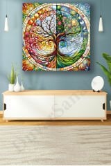 Rengarenk Hayat Ağacı Kare Cam Tablo, Modern Ev Salon Ofis Dekorasyonu Büyük Duvar Dekoru