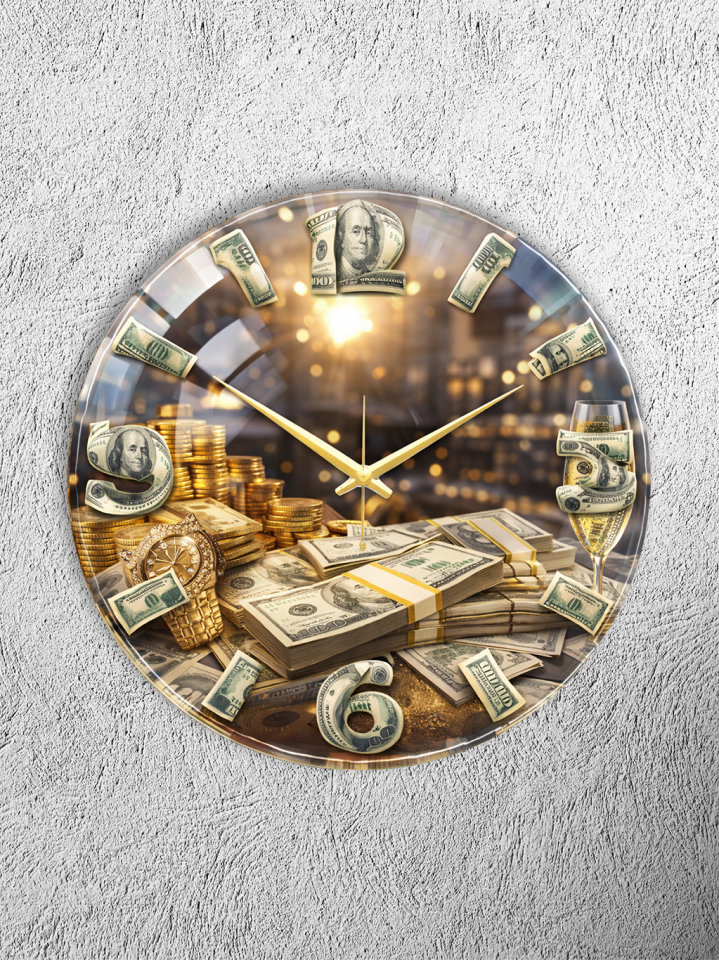 KIRILMAZ CAM DUVAR SAATİ, HEM TABLO HEM SAAT PARA VE DOLAR TEMALI LÜKS TASARIM EV OFİS HEDİYESİ