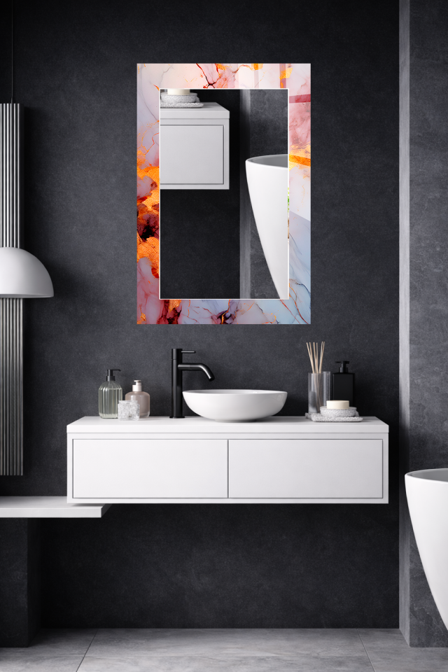 HEM TABLO HEM AYNA BEYAZ MERMER TURUNCU ALTIN DAMAR DESEN CAM DUVAR AYNASI EV DEKORU