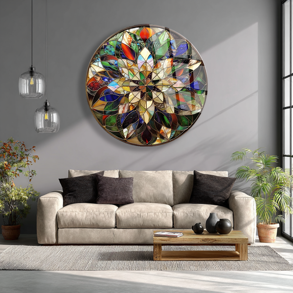 KIRILMAZ CAM TABLO – RENKLİ VİTRAY ÇİÇEK MANDALA SANAT TASARIMI