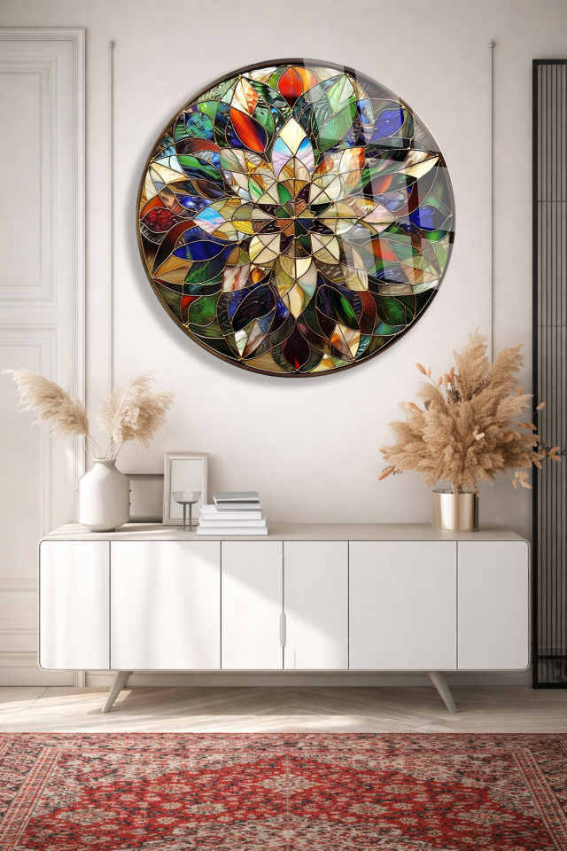 KIRILMAZ CAM TABLO – RENKLİ VİTRAY ÇİÇEK MANDALA SANAT TASARIMI