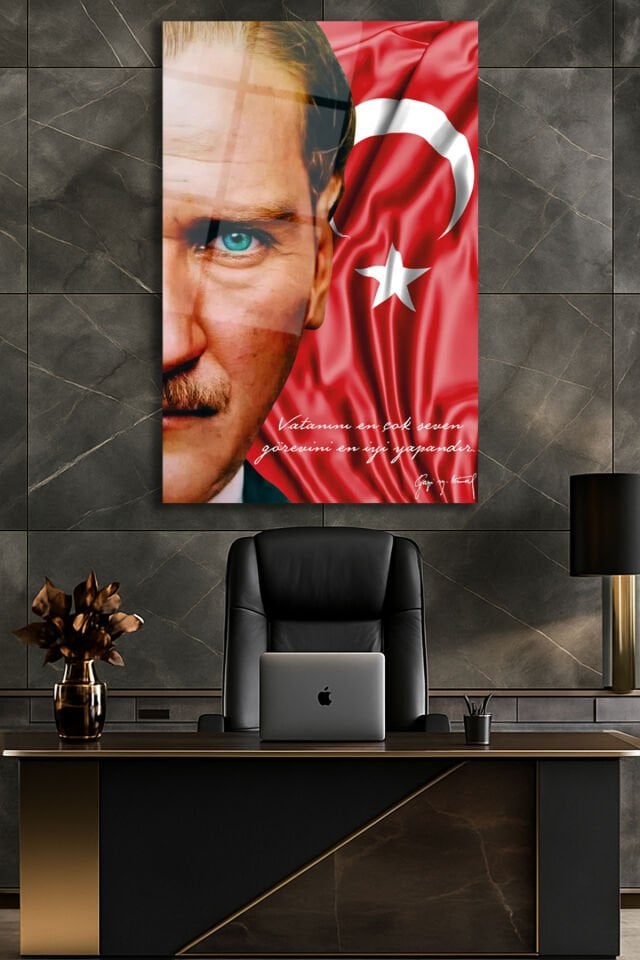 Atatürk Portre Türk Bayrağı Cam Tablo, '' Vatanını en çok seven '' Kurum Ofis Duvar Dekoru ,Hediyelik Kırmızı