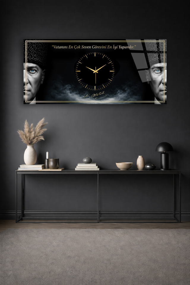 KIRILMAZ CAM DUVAR SAATİ , HEM TABLO HEM SAAT ATATÜRK İMZALI SİYAH GOLD EV OFİS HEDİYESİ