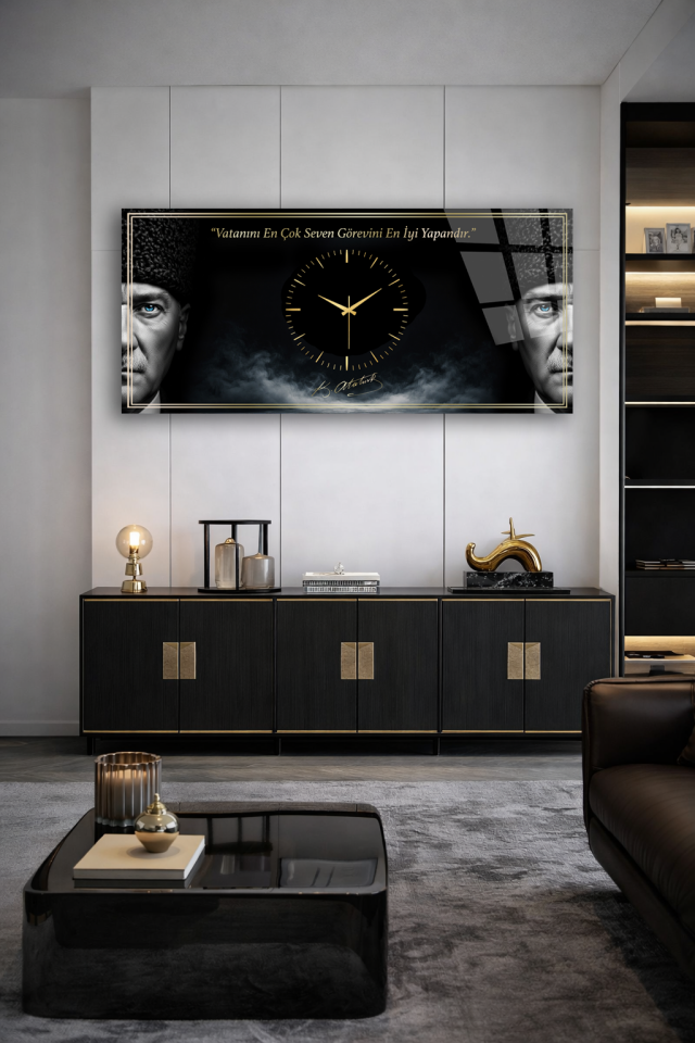 KIRILMAZ CAM DUVAR SAATİ , HEM TABLO HEM SAAT ATATÜRK İMZALI SİYAH GOLD EV OFİS HEDİYESİ