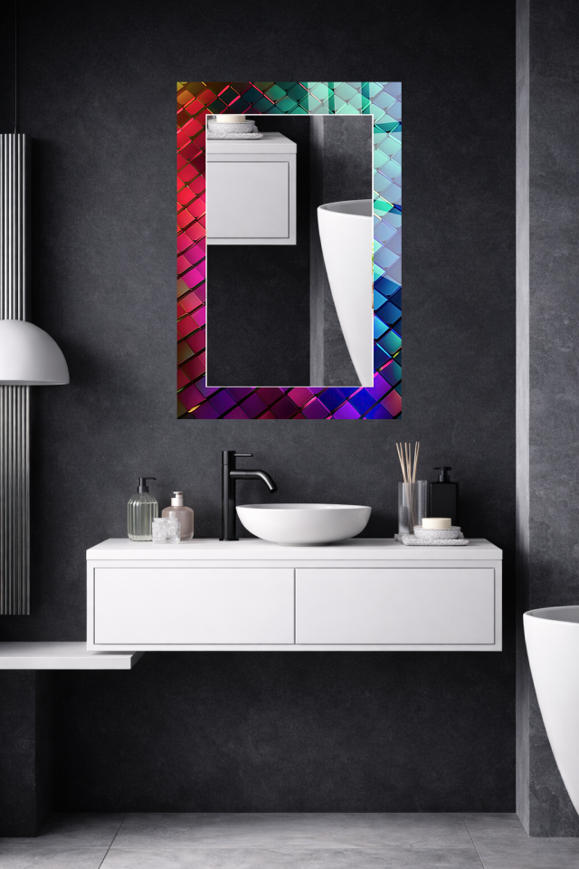 HEM TABLO HEM AYNA RENKLİ 3D GEOMETRİK MOZAIK DESEN CAM DUVAR AYNASI EV DEKORU