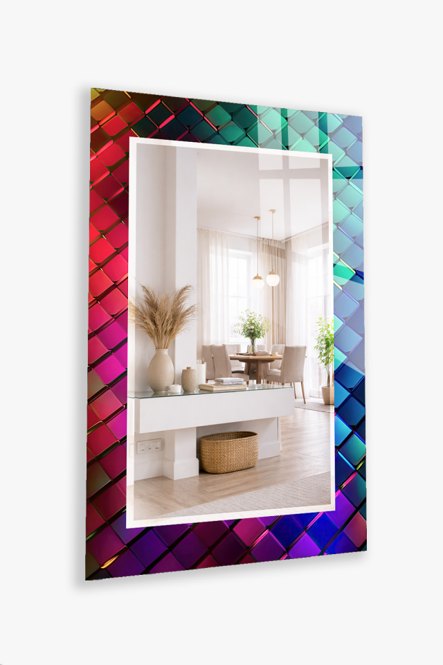 HEM TABLO HEM AYNA RENKLİ 3D GEOMETRİK MOZAIK DESEN CAM DUVAR AYNASI EV DEKORU