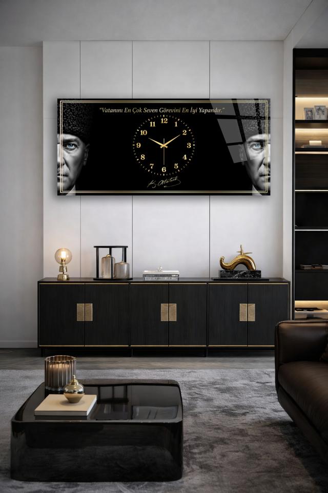 KIRILMAZ CAM DUVAR SAATİ , HEM TABLO HEM SAAT ATATÜRK PORTRE ALTIN DETAY EV OFİS HEDİYESİ