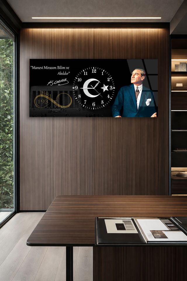 KIRILMAZ CAM DUVAR SAATİ , HEM TABLO HEM SAAT ATATÜRK İLHAM VEREN SÖZLÜ TASARIM EV OFİS HEDİYESİ