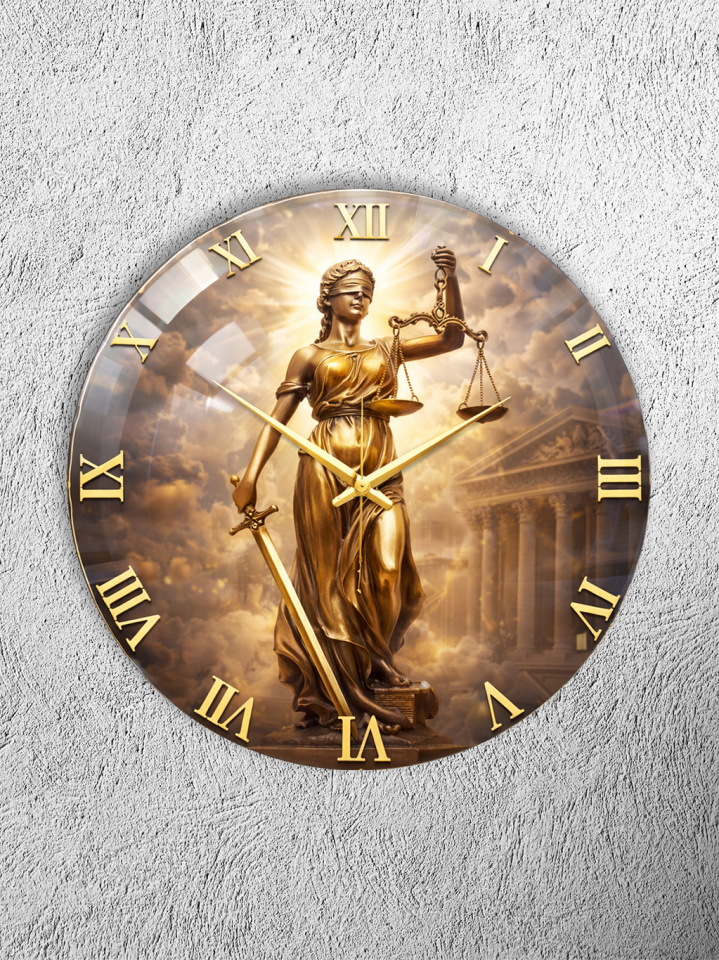KIRILMAZ CAM DUVAR SAATİ, HEM TABLO HEM SAAT ADALET TANRIÇASI THEMİS GOLD ROMA RAKAMLI EV OFİS HEDİYESİ